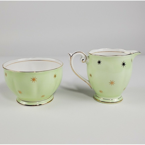 Vtg  Queen Anne Pole Starburst  MCM Midcentury Footed Sugar Creamer Green Gold - Picture 3 of 12